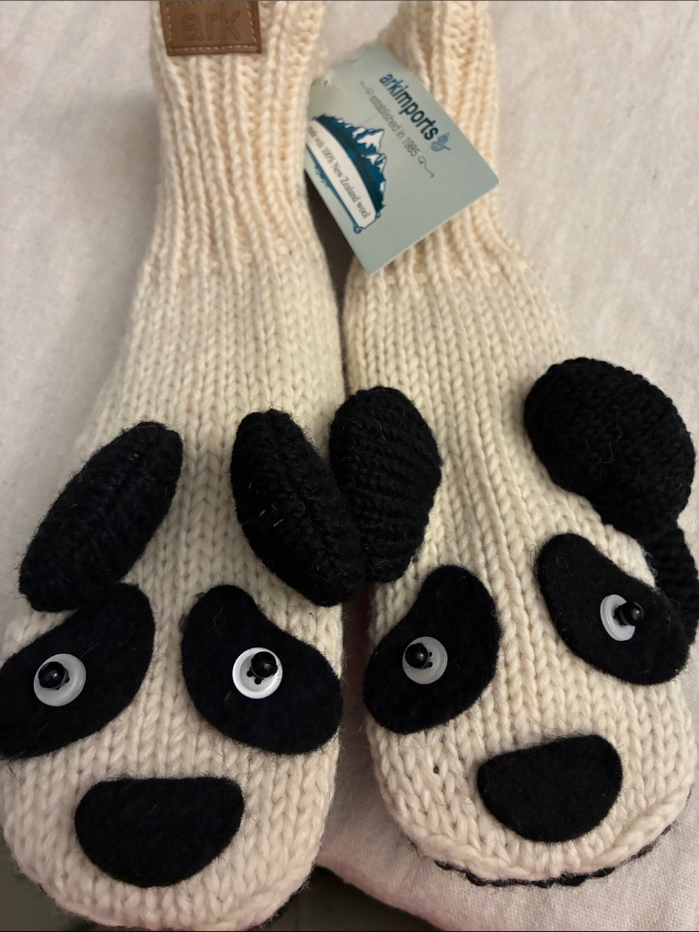 Cream Panda Knit Kids Mittens with Black Accents